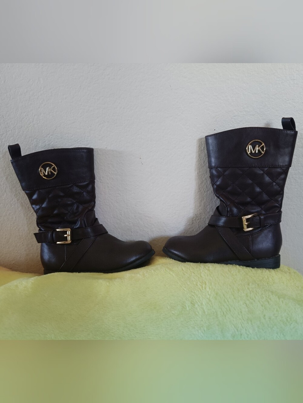 Michael Kors Girls Brown Quilted Shaft Boots with Gold MK Emblem
